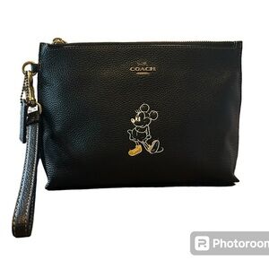 Coach Black Leather Wristlet with Mickey Mouse Accent